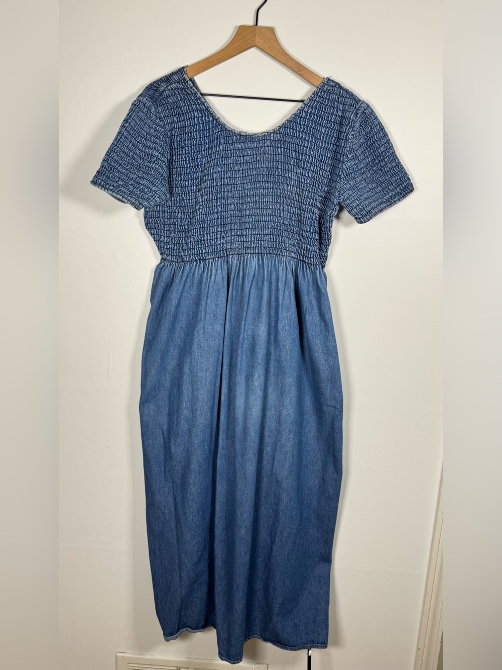 Vintage BONNIE STRAUSS Chambray Smocked Top Empire Pleated Waist Maxi Dress Sz L